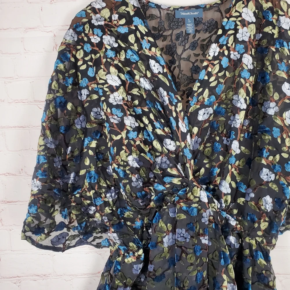 NEW Modcloth Dramatic Depths Velvet Dress Sz L Black Floral $119 Sheath Batwing